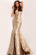 Strapless metallic floral mermaid gown with sculpted fit and shawl