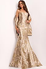 Elegant brocade evening gown with dramatic back bow detail