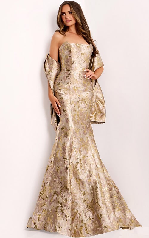 Elegant brocade evening gown with dramatic back bow detail