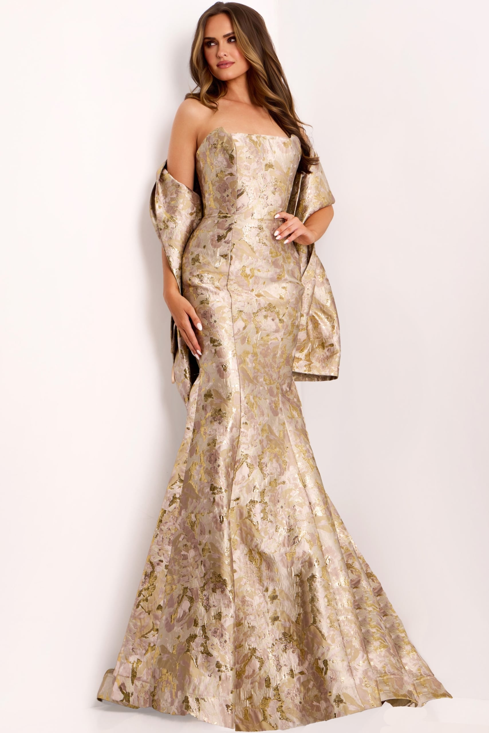 Metallic Floral Strapless Mermaid Gown With Bow Back 41131 | Jovani