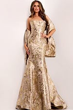 Floral metallic prom dress with strapless neckline and flared hem