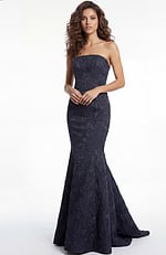 Front view of strapless textured mermaid gown with sculpted fitted silhouette