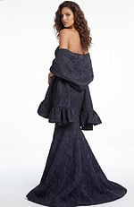 Strapless mermaid gown in textured fabric with dramatic floor length train