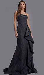 Strapless black evening gown with textured fabric and beaded neckline shown from the front