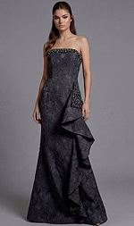 strapless black evening dress featuring sculpted ruffle detail and fitted silhouette