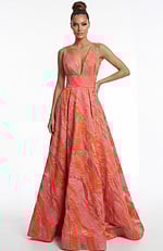 textured A line gown with deep V neckline and draped bow detail