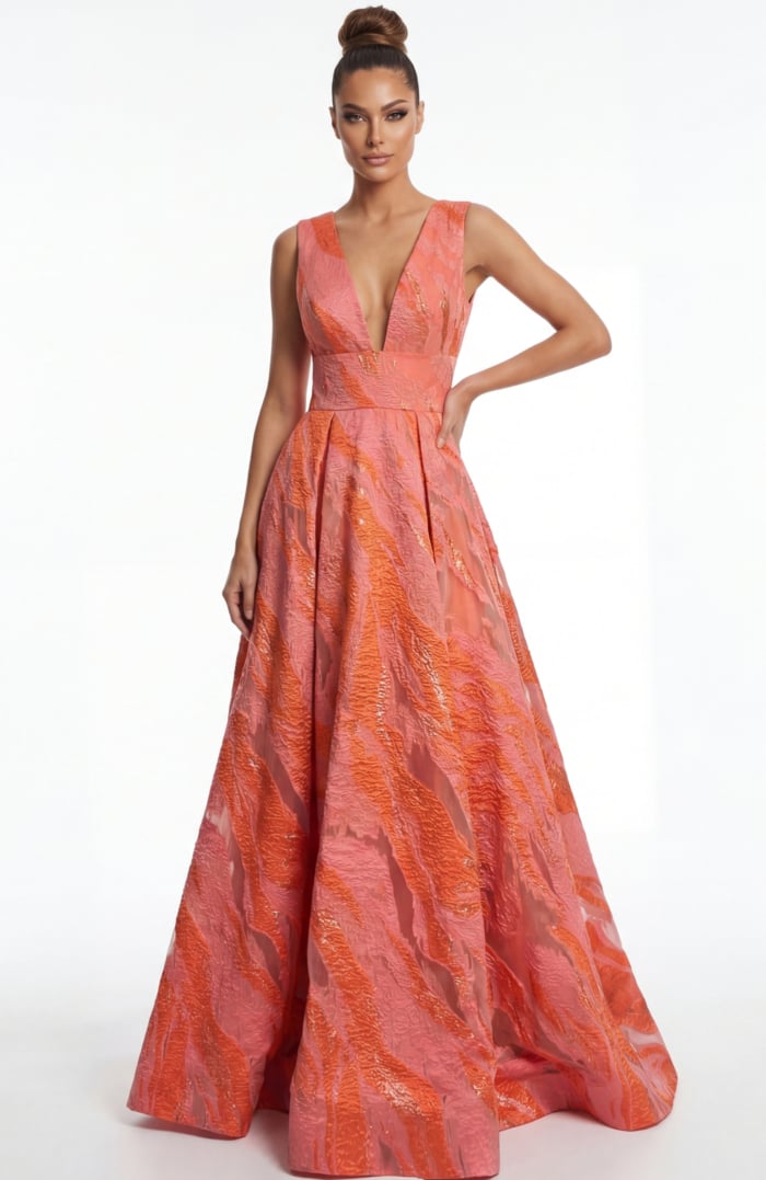 textured A line gown with deep V neckline and draped bow detail