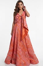 textured A line gown with defined waist and flowing structured skirt