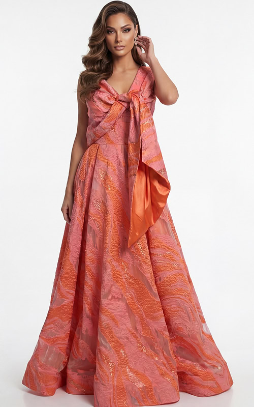 textured A line gown with defined waist and flowing structured skirt