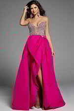 Strapless evening gown with a crystal-embellished bodice and layered overskirt