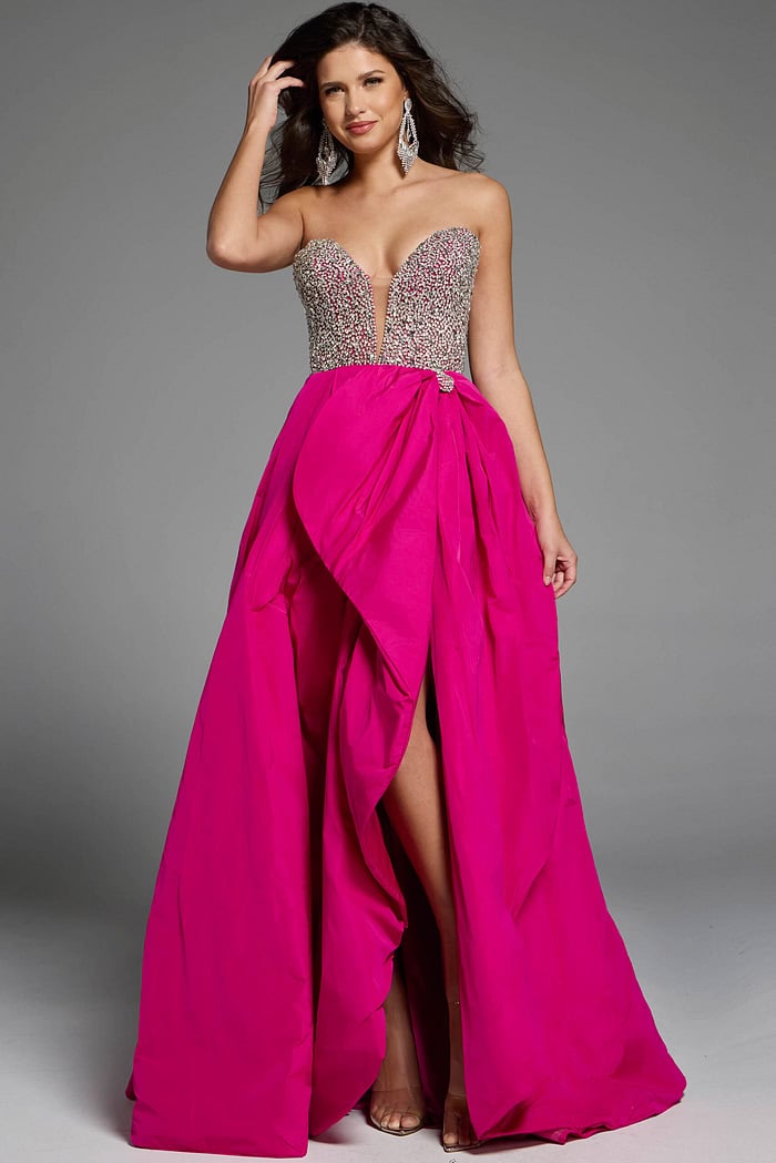 Strapless evening gown with a crystal-embellished bodice and layered overskirt