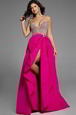 Vibrant formal dress featuring a plunging neckline and a dramatic slit