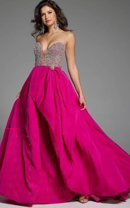 Full-length strapless gown with shimmering crystal detailing and bold ruffle accents