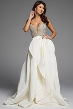 Shimmering Ballgown with Draped Overlays and Deep Sweetheart Neckline