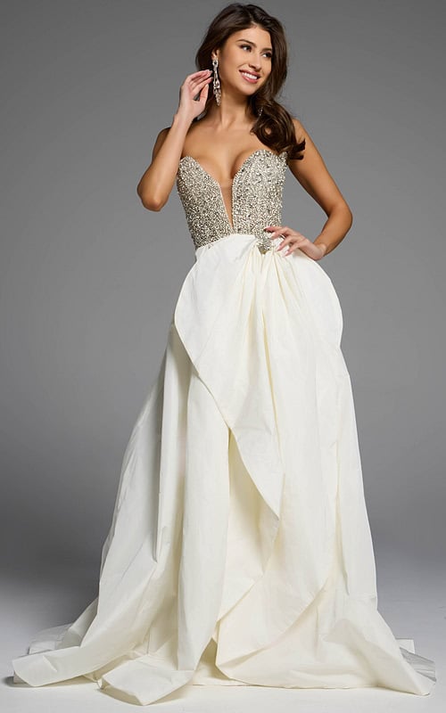 Shimmering Ballgown with Draped Overlays and Deep Sweetheart Neckline