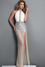 white silver sheath long dress with halter bejeweled front slit sequin