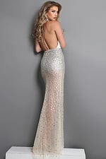 white silver sheath long dress with halter bejeweled front slit sequin