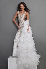 white mermaid long dress with deep v neck sleeveless gold beaded ruffled train
