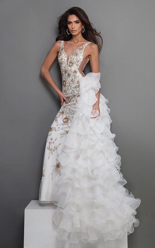 white mermaid long dress with deep v neck sleeveless gold beaded ruffled train