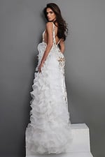 white mermaid long dress with deep v neck sleeveless gold beaded ruffled train