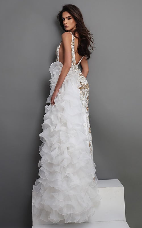 white mermaid long dress with deep v neck sleeveless gold beaded ruffled train