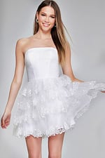 Model wearing Jovani 41150 off-white strapless dress, main front view