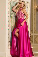 Model wearing Jovani 41186 fuchsia dress with high slit, side front view