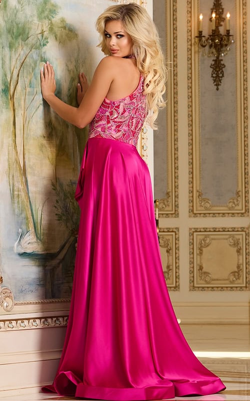 Model wearing Jovani 41186 fuchsia gown with embellished bodice, back view