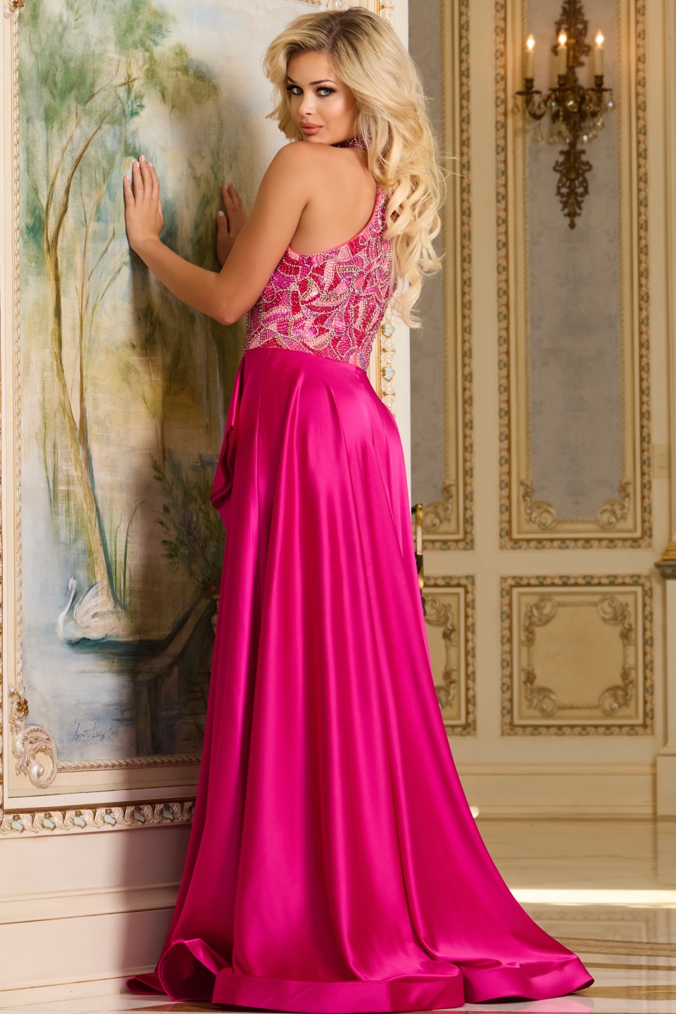 パーティードレス Rochas Draping Neckline Dress Halter Neck A-Line Gown with Tiered Skirt 43169 | Jovani