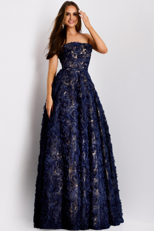 Strapless Floral Embroidered Navy Gown With Full Skirt 41188 | Jovani Strapless Floral Embroidered Navy Gown With Full Skirt 41188 | Jovani