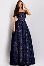 Front view of strapless navy floral embroidered gown