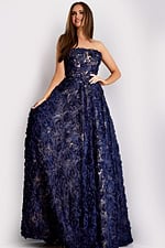 Elegant navy gown with sheer floral textured skirt