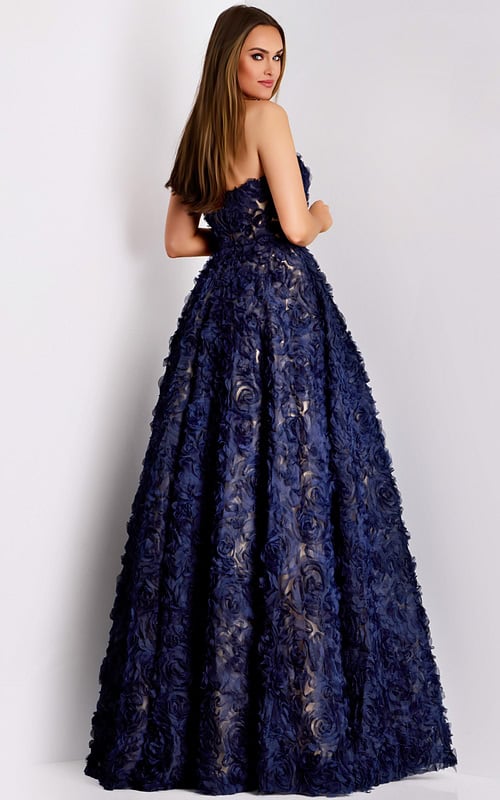 Back view of A-line navy evening dress with 3D rose detailing