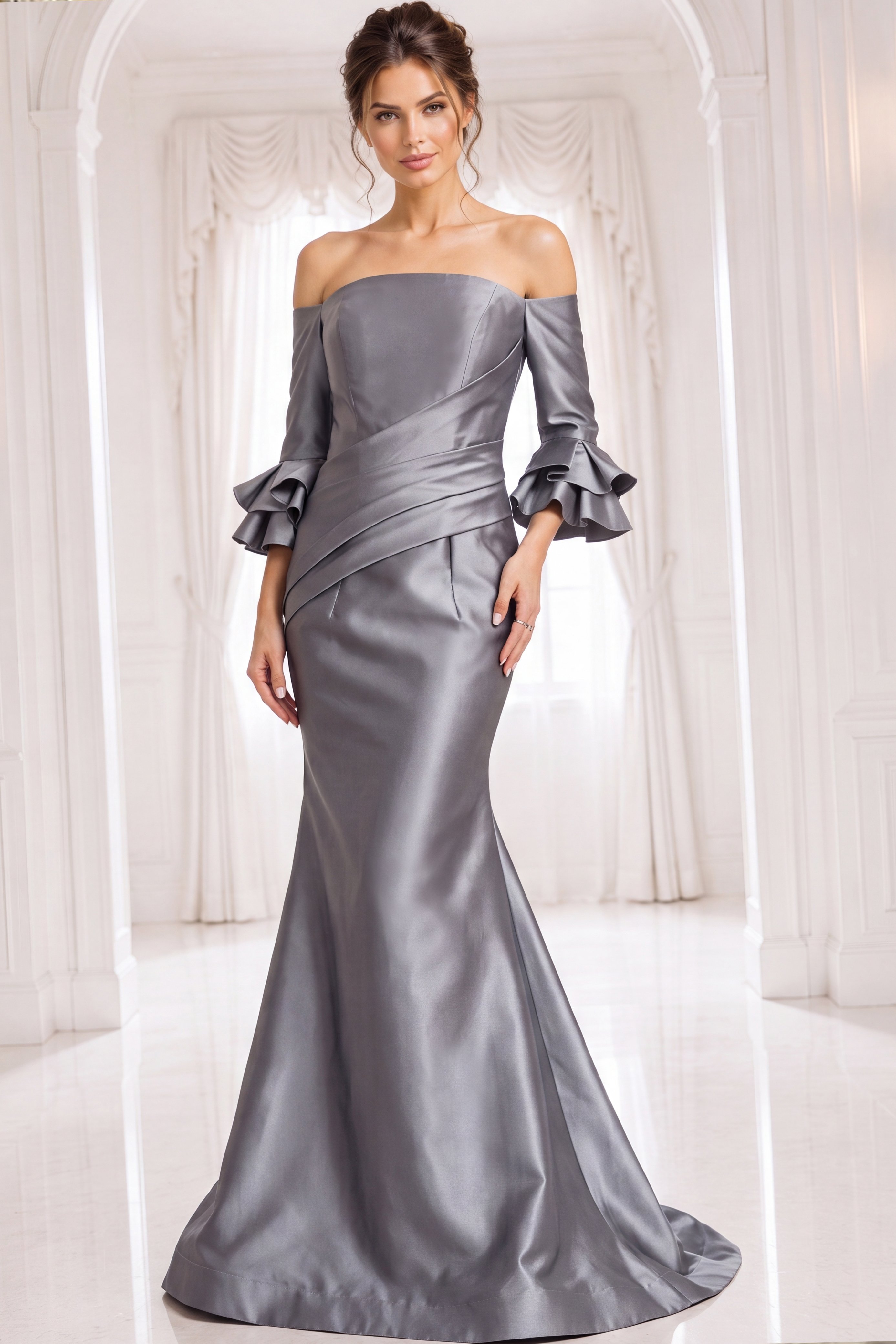 41190-1 Elegant gray silver evening dress featuring an off the shoulder neckline, three-quarter flared sleeves, ruched bodice, and flowing mermaid skirt with train.