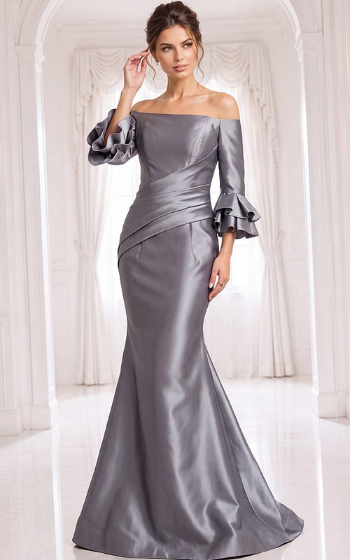 Silver off shoulder mermaid gown with satin fabric, fitted waist, and dramatic ruffle sleeves.