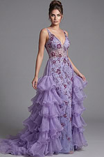 Embellished Ruffle High Low Evening Gown with Plunge Neckline