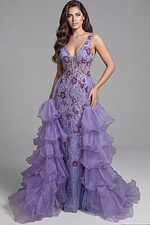 Floral embellished gown with tiered ruffle skirt and sheer bodice