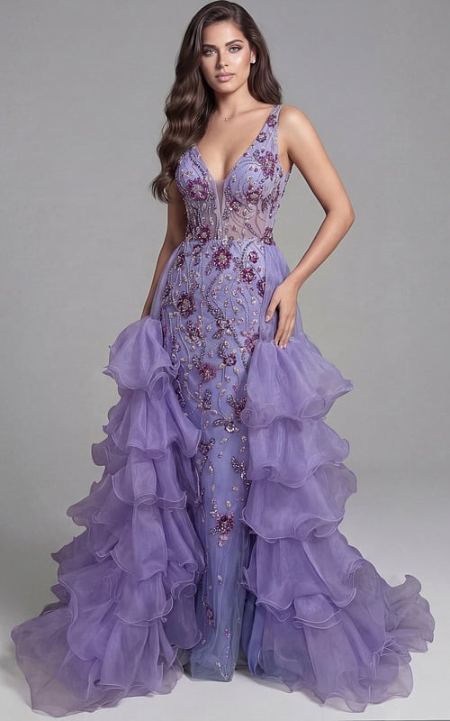 Floral embellished gown with tiered ruffle skirt and sheer bodice