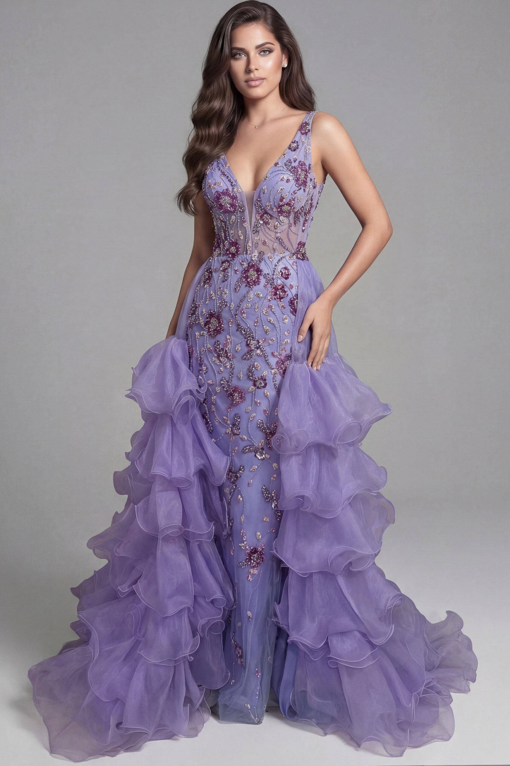 Floral embellished gown with tiered ruffle skirt and sheer bodice