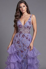 Embellished ruffle gown with plunging V neckline and high slit
