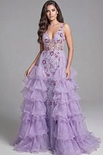 Embellished high low evening gown with plunging neckline and tiered ruffle skirt