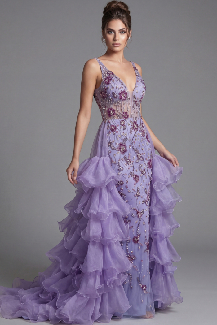 Embellished Ruffle High Low Evening Gown with Plunge Neckline