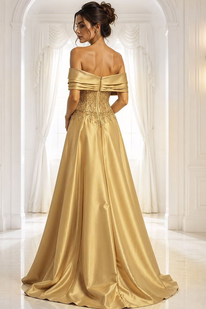gold dress style 41198A - back view, gold pleated off-shoulder satin train