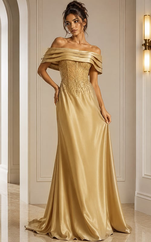 gold dress style 41198A - front full body, gold off-shoulder beaded flowing