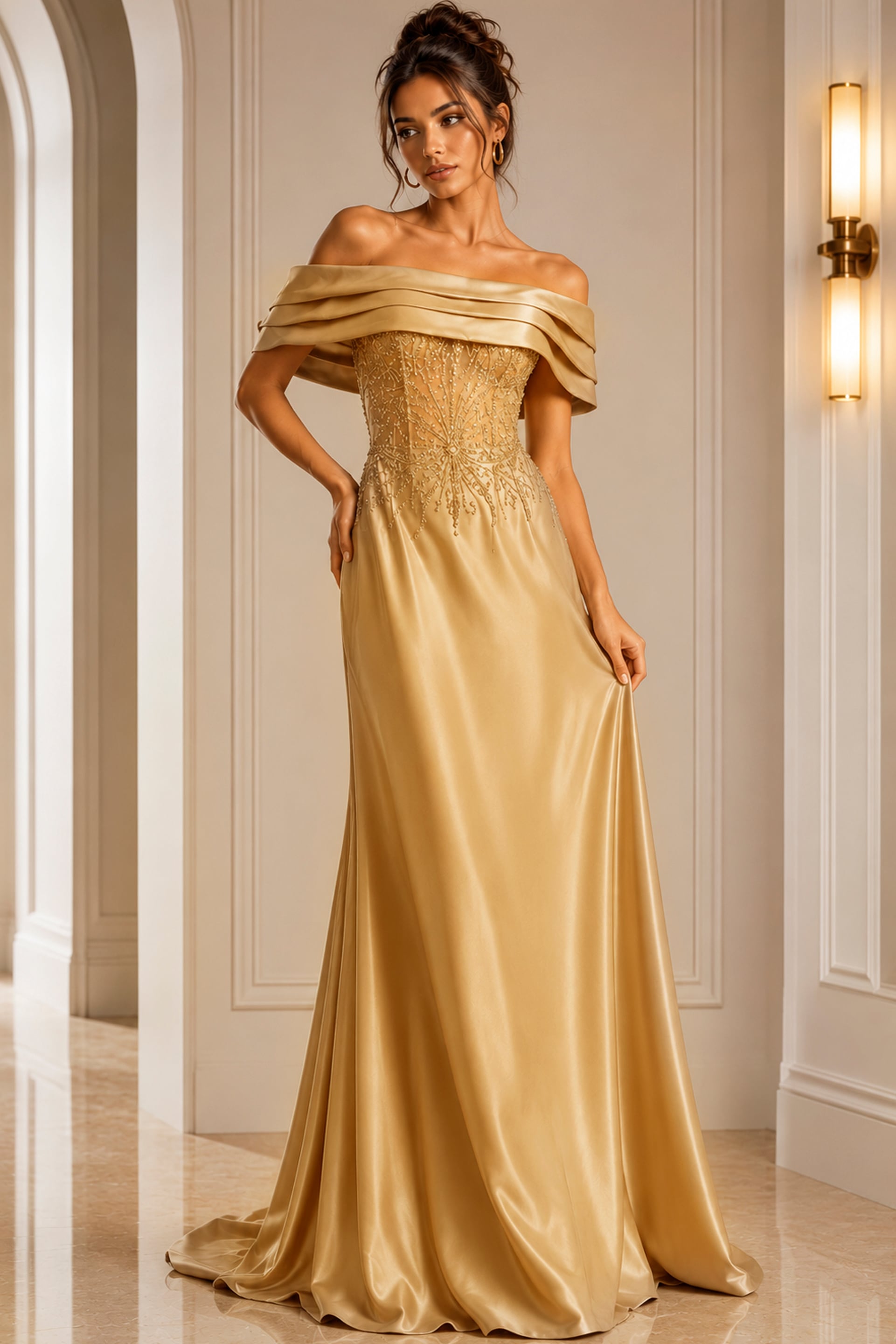gold dress style 41198A - front full body, gold off-shoulder beaded flowing