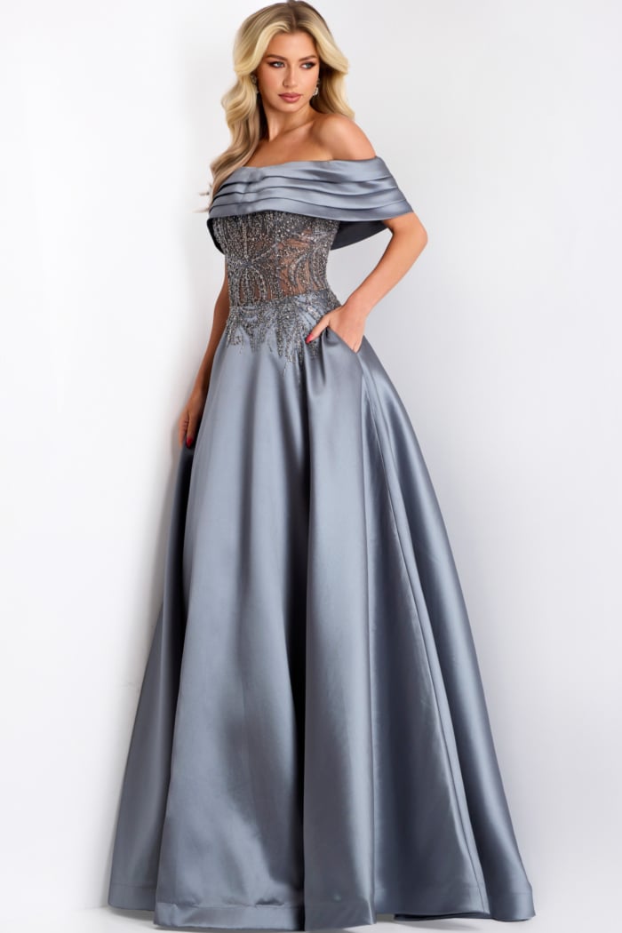 Off Shoulder Steel A Line Gown With Sheer Beaded Bodice 41198