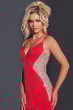 Close-up of Jovani 42002 red gown with sparkling side panels