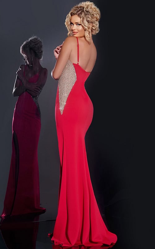 Back view of Jovani 42002 red gown showing beaded detail
