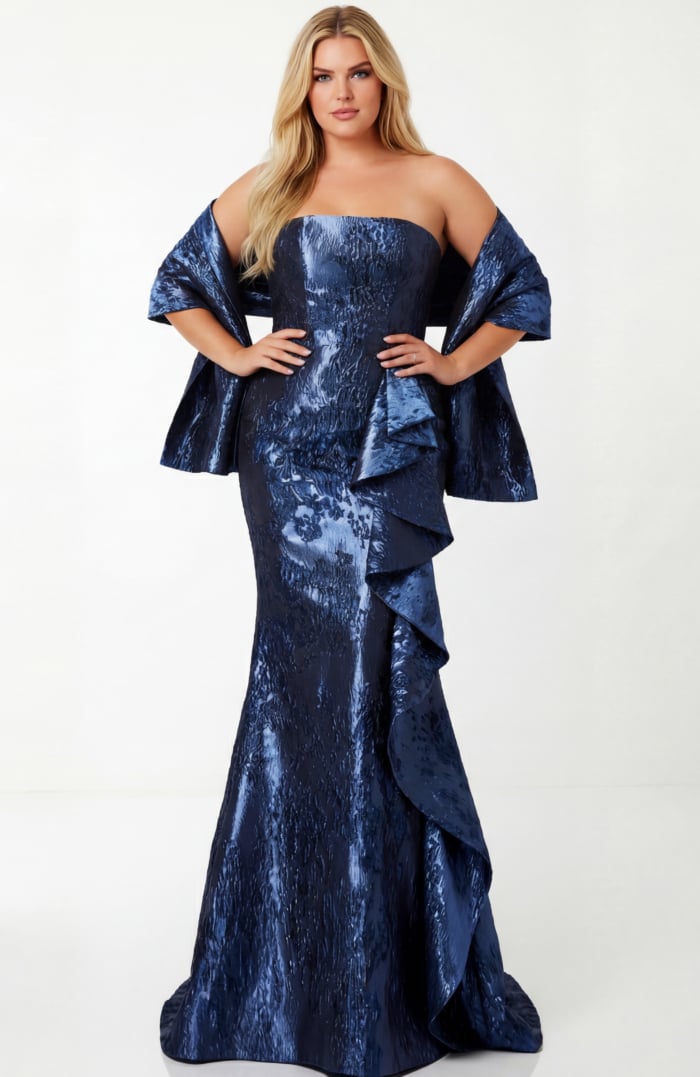 Strapless Metallic Navy Mermaid Gown With Side Drape 42028