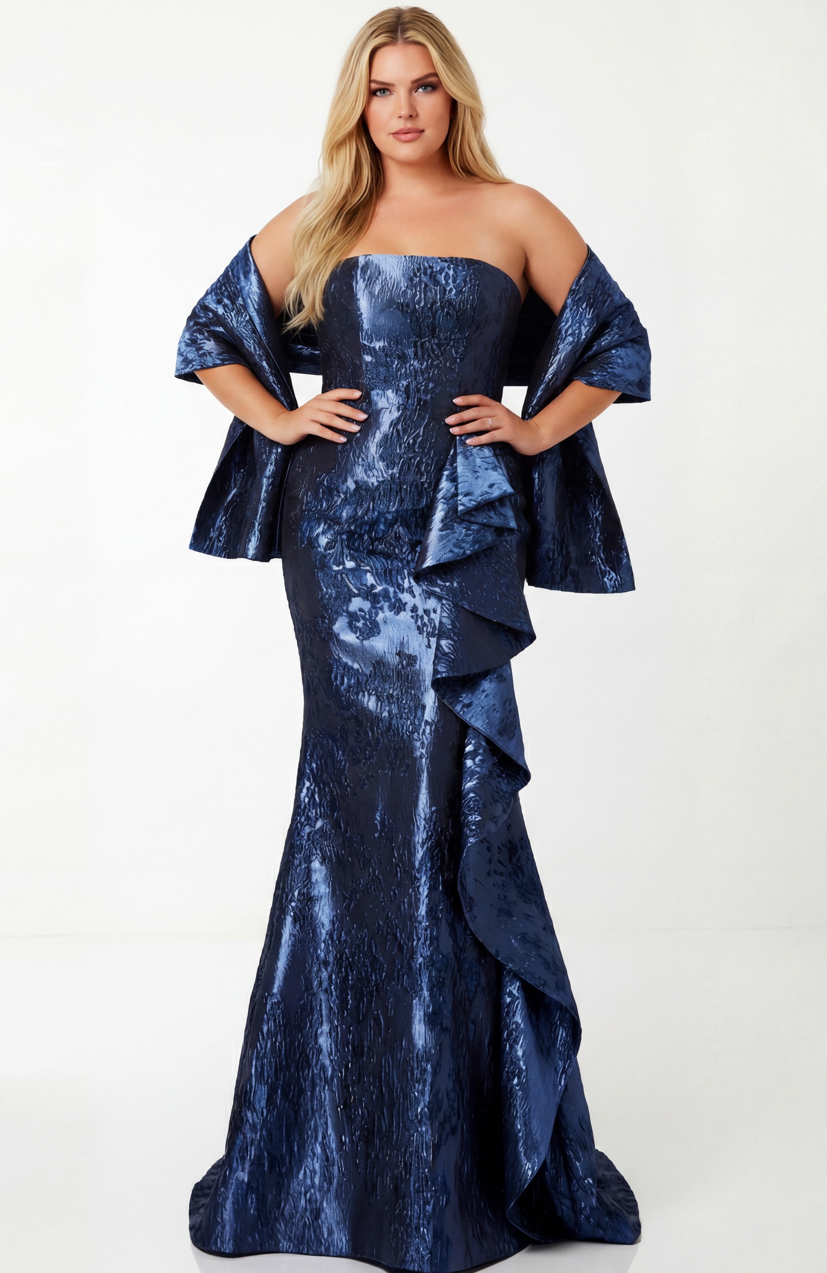 Strapless Metallic Navy Mermaid Gown With Side Drape 42028 - Image 14